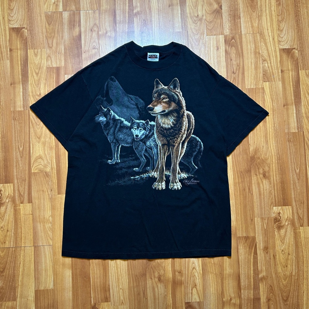 Vintage 90s Tultex Men T-shirt XL Black Lone Wolf Wildlife Art